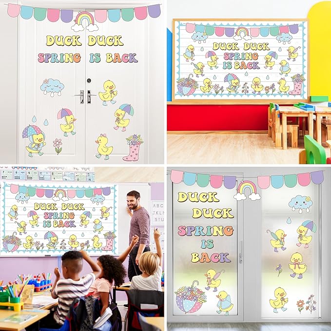 Spring Bulletin Board Set Duck Duck Spring is Back Classroom Decoration Spring Cutouts for School Office Classroom Chalkboard Whiteboard Wall Window Door Decor Supplies