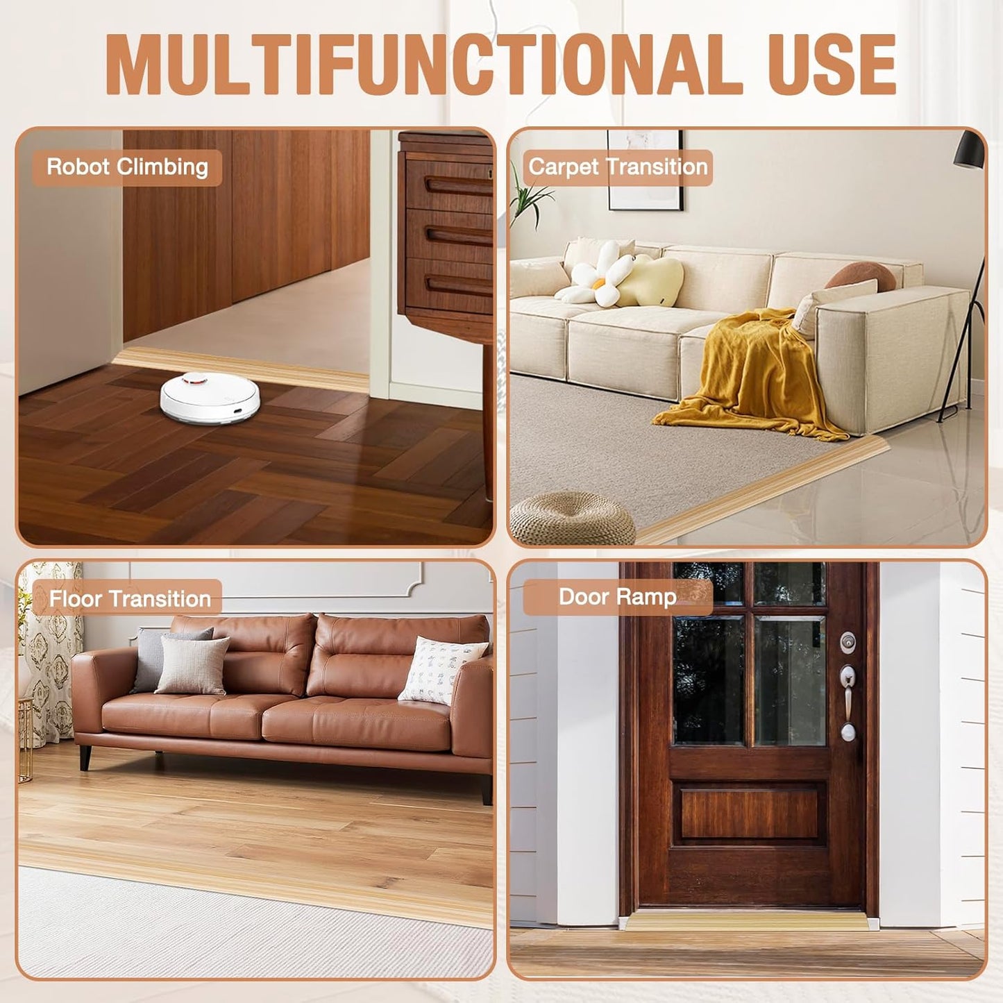 Floor Transition Strip Self Adhesive Vinyl Door Threshold for Doorways Carpet Edging Trim Overlap Edge Reducer for Laminate Floor, Carpet, Tile (Light Yellow Wood Grain, 3/5" to 4/5", 6.6Ft)