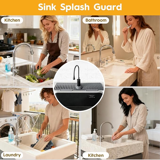 24" Silicone Faucet Mat for Kitchen Sink Released in 2025/12TH,8° Slope Fast Self-draining, Bathroom Kitchen Sink Area Water Splash Guard Behind Faucet Draining Dark Grey