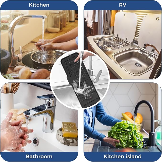 BFONS Kitchen Sink Faucet Splash Guard Plus Size Silicone Drying Mat Handle Drip Catcher Tray Dish Sponge Holder Accessories Protector Home Organization Gadgets Black: 23.4x5.7 in HJJDLSD-625