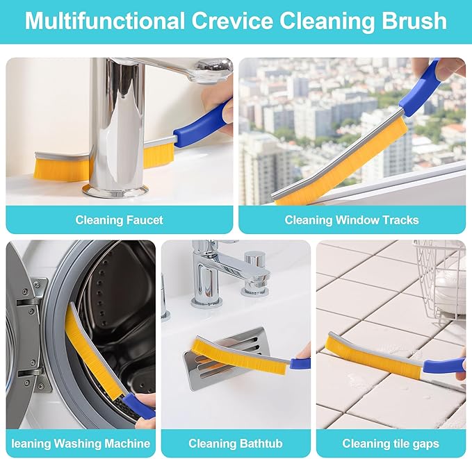 JOYMOOP 4 Pack Crevice Cleaning Brush, Blue Hard Bristle Grout Brush, House Cleaning Supplies, Magnetic Gap Cleaning Brush for Kitchen, Bathroom, Window, Toilet, Multifunctional Cleaning Tools