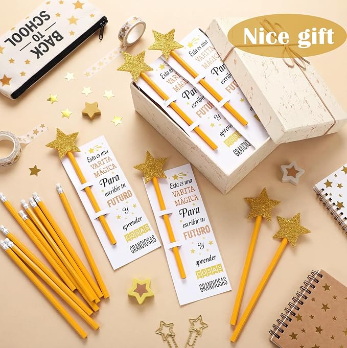 Colarr 50 Sets Varitas Mágicas Pencils Gifts Included 50 Pencils 50 Shimmering Star Stickers & 50 Inspirational Cards Birthday Welcome Party Favors Back to School Gifts
