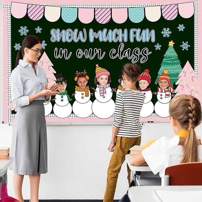 Winter Bulletin Board Decoration Set Xmas Tree Snowflakes Classroom Paper Cutouts Winter Snowman DIY Photo Bulletin Board Paper Decor for Christmas Holiday School Classroom Home Chalkboard Wall Decor
