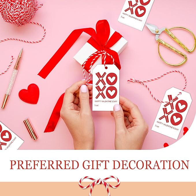 Happy Valentines Tags for Bags, 50Pcs Valentine Gift Label with String, Sweet Themed Party or Valentine' Day Thank You Gift Tags Great for Party Favors-XOXO