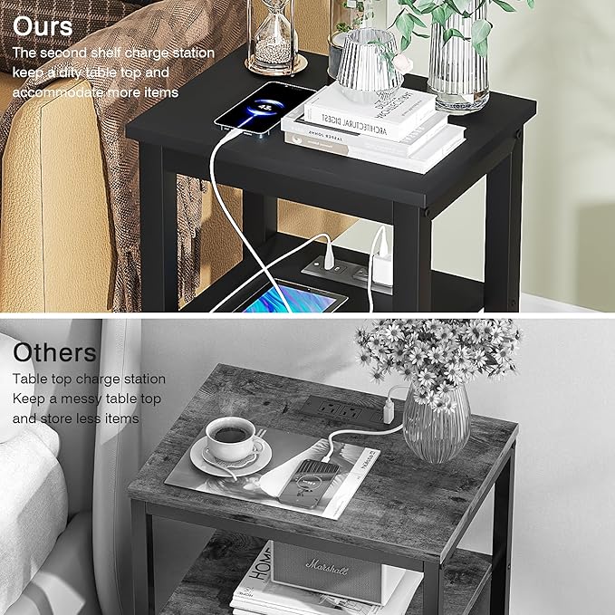 VECELO Modern Nightstands with Charging Station,Side End Table Night Stand with Storage Shelf for Small Spaces, Bedroom,Living Room