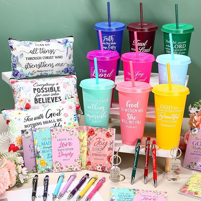 50 Pcs Christian Gifts for Women Inspirational Religious Plastic Tumbler Bible Verse Makeup Bag Ballpoint Pens Keychains Church Spiritual Gifts for Faith Pastor's Wife Birthday