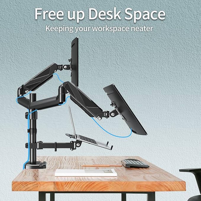 MOUNTUP Dual Monitor and Laptop Mount, Adjustable Monitor Stand for 2 Max 27" Computer Screens, Laptop Tray Fits 10-17inch Notebook, Holds 4.4-17.6lbs Per Arm, 3-in-1 Adjustable Monitor Desk Mount