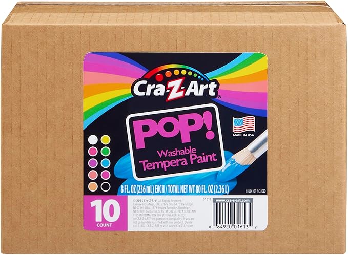 Cra-Z-Art POP! Neon Washable Tempera Paint For Kids Bulk Pack 10ct, Assorted Fluorescent Colors Tempera Paint Set 8oz each bottle, Back To School Teachers Supplies