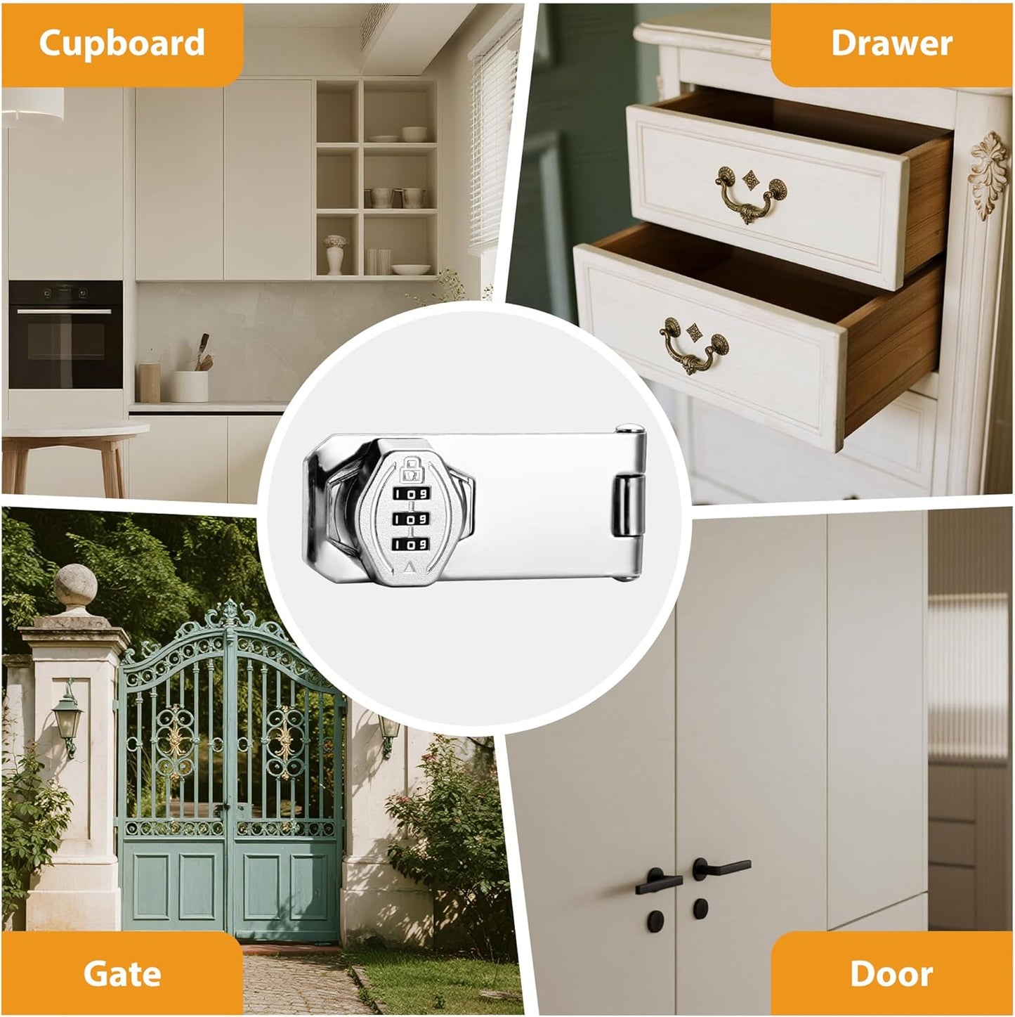 Cozy Tower 4 inch 180 Degrees Hasp Combination Lock for Cabinet, Combo Latch Lock for Cupboard, Drawer, Closet Door, Garage Fence Shed Door (Chrome, 1 Pack)