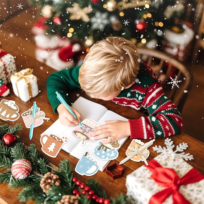 Xqumoi Winter Hot Cocoa Sticky Notes with Pen Gift Set - 24 Set Christmas Coffee Self Sticky Writing Memo Pads Ballpoint Pens with Mesh Bag Party Favors School Classroom Rewards Office Supplies