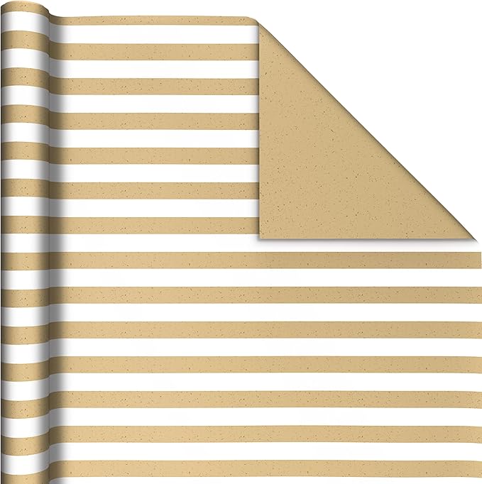 Hallmark Bulk Kraft Reversible Wrapping Paper Rolls (2 Rolls: 160 Sq. Ft. Total) Black Polka Dots, White Stripes for Birthdays, Weddings, Graduations, Baby Showers, Holidays