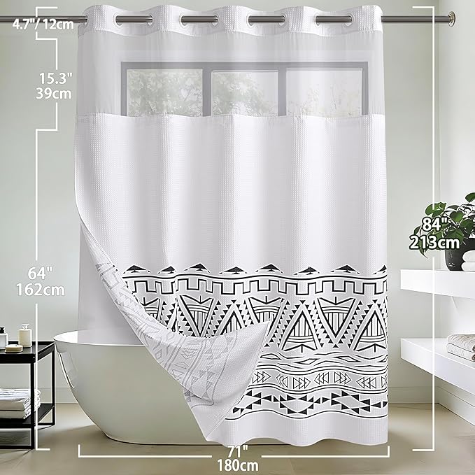 Conbo Mio Extra Long No Hook Waffle Weave Shower Curtain with Snap in Liner Set, Hotel Luxury Boho Shower Curtains for Bathroom with See Through Top Window, Waterproof, Washable 71W x 84H White