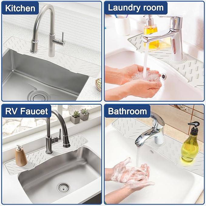 Meiliweser Faucet Mat for Kitchen Sink – 24” x 5.1” Extra-Long Silicone Splash Guard with 10° Slope & Upgraded Drainage – Gen 3 Sink Water Catcher & Sponge Holder for Kitchen, Bathroom (White)
