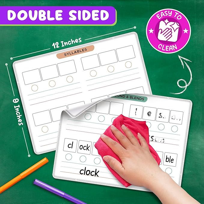 SCRIBBLEDO Phonemic Awareness Sounds & Blends Dry Erase Sheets 9”x12” Phonics Learning English Syllables Letter Practice Homeschool Teacher Student Supplies Classroom Pack of 10