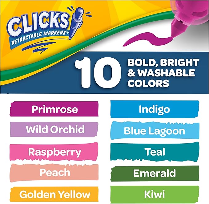 Crayola Clicks Retractable Markers - Bold (10ct), Essential Easter Basket Stuffers, Spring Craft Supplies, Gifts for Kids & Toddlers, No Dry Washable Markers for Kids
