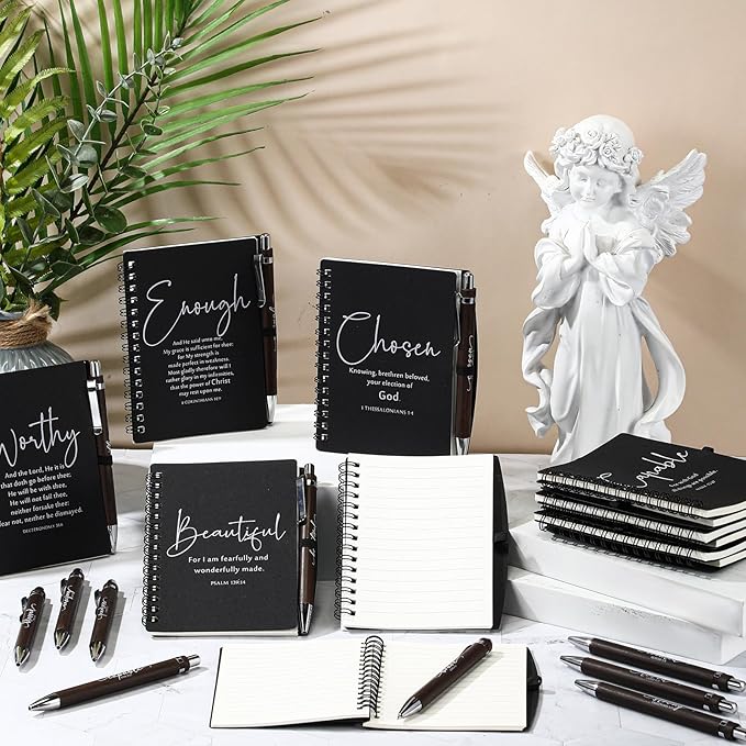 Kosiz 12 Sets Christian Gifts Bulk Inspirational Bible Verse Spiral Notebook and Religious Bamboo Ballpoint Pen Journal with Scripture for Easter Church Member First Communion Teacher Holy Week (Black)