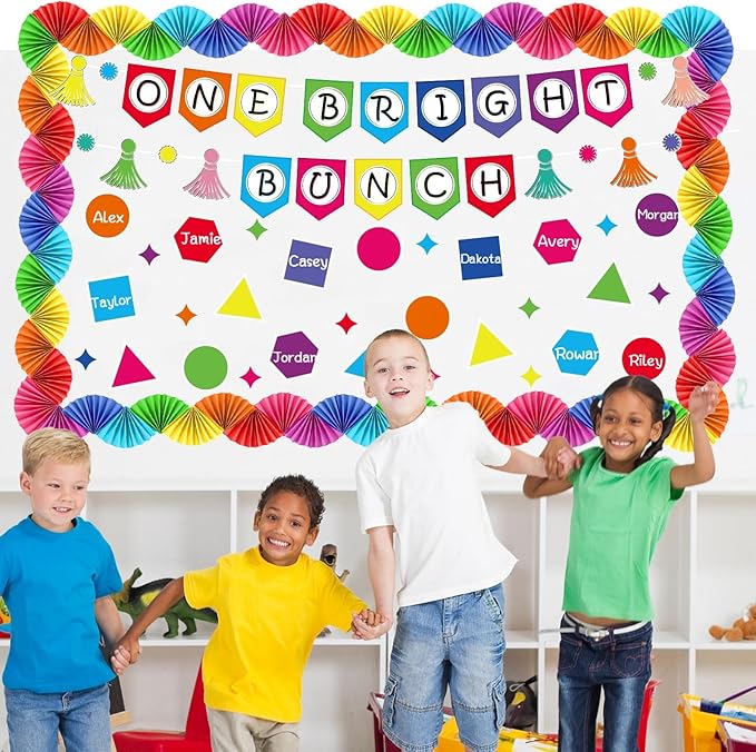 3D Colorful Bulletin Board Set 3D Paper Fans Border Classroom Decorations Motivational One Bright Bunch Bulletin Board Writable Shapes Paper Cutouts for Back to School Classroom Chalkboard Wall Decor