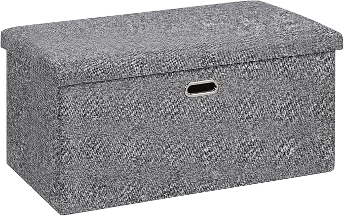 VECELO 30'' Folding Storage Ottoman Bench, End of Bed Linen Fabric Foot Rest Stool with Padded Seat, Large Footstools for Bedroom, Living Room, Load 500 lb, Grey
