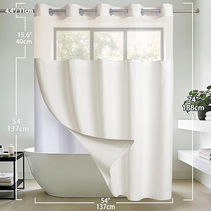Conbo Mio Stall No Hook Waffle Weave Shower Curtain with Snap in Liner Set, Hotel Luxury Beige Shower Curtains for Bathroom with See Through Top Window, Waterproof, Washable 54W x 74H