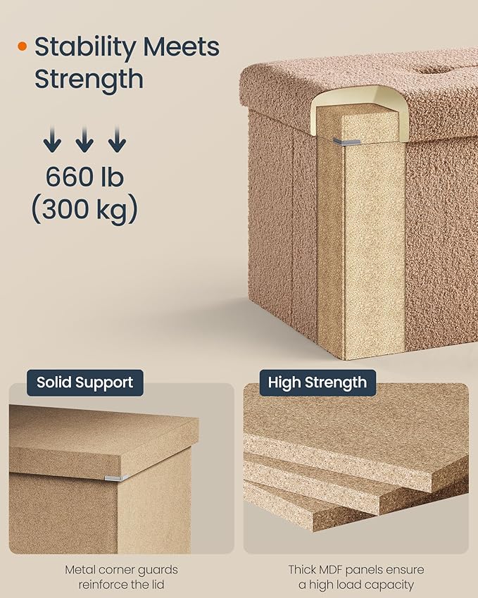 SONGMICS Storage Ottoman Bench, Storage Chest, 15 x 43 x 15 Inches, Foot Rest Stool, End of Bed Bench, Load up to 660 lb, for Living Room, Bedroom, Entryway, Camel Brown ULSF097K01