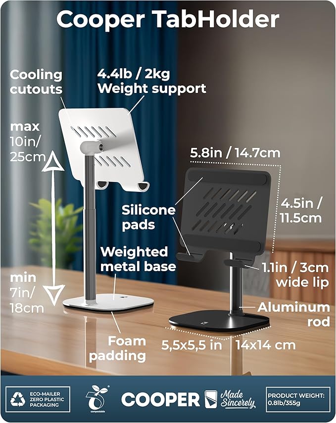 COOPER TabHolder, 7-10" Height Adjustable Tablet Stand, Premium iPad Stand for Desk, 270° Tilt iPad Holder, Kindle Holder, 15.6-17" Portable Monitor Support (White)