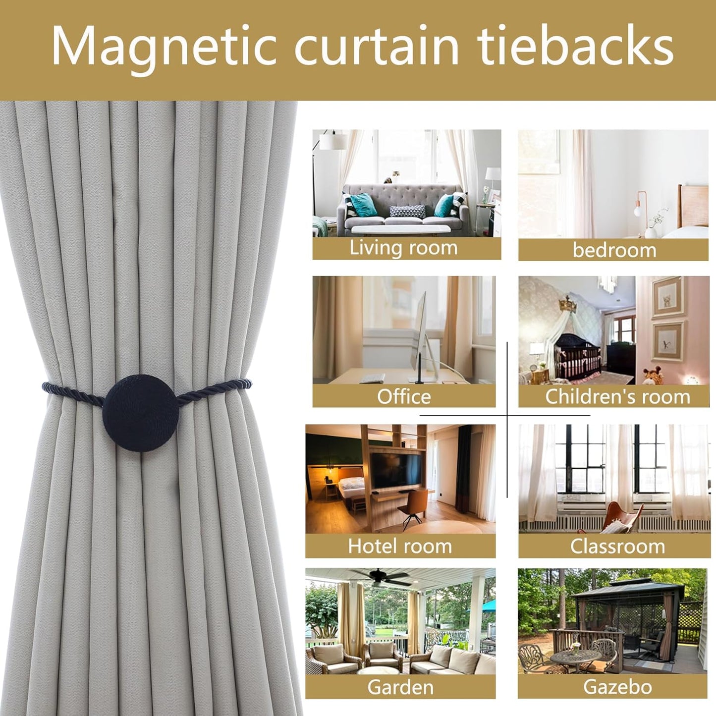 Magnetic Curtain Tiebacks - 12mm Magnetic Tie Backs for Curtains, Heavy Duty No Drill Curtain Holdbacks for Home/Office Windows Drapes, Elegant Gift-Ready Design 7 Colors (2, Black)