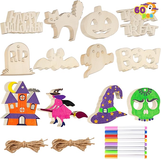 JOYIN 60 Pcs Halloween Craft Wooden Painting Kit, Halloween Party Supplies, Party Favors for Kids, Wood Blank Cutouts Ornaments, Gift Tags Decor for School Art DIY Activities Goodies Games