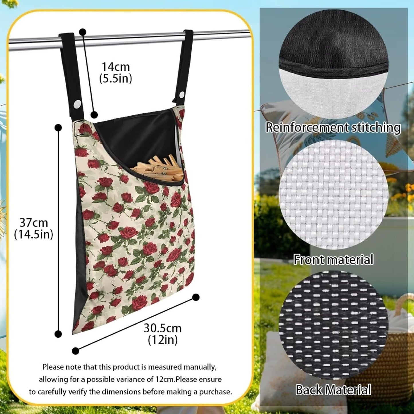 Rose Clothespin Bag Fashion Hanging Storage Organizer Clothes Pin Bag Waterproof Laundry Clothespin Bag Clothespin Holder with Hanger Hook for Easy Hang and Large Opening