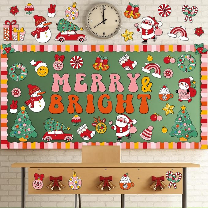 Groovy Christmas Bulletin Board Decoration Set Retro Merry Christmas Borders Cutouts for Xmas Holiday Party School Classroom Door Welcome Bulletin Board Craft Home Wall(Merry & Bright)