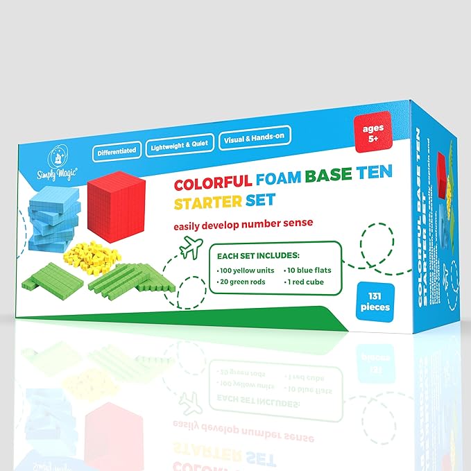 Simply magic 131 PCS Foam Base Ten Blocks for Math - Place Value Blocks, Base 10 Math Manipulatives K-3, Math Counters, Number Blocks, Math Cubes, Counting Blocks - Kindergarten 1st 2nd 3rd Grade