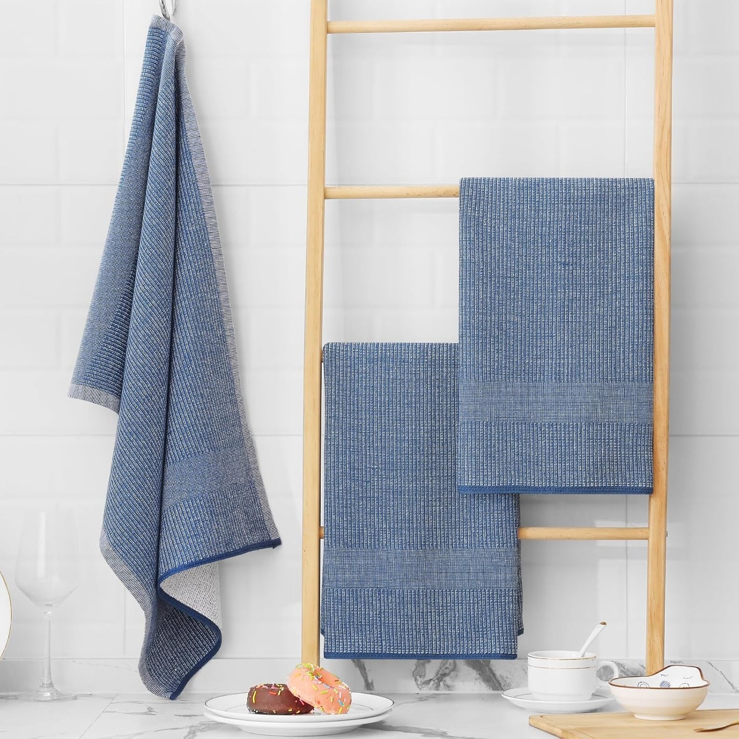 Homaxy Premium Kitchen Towels(18”x 28”, 12 Pack), Large Cotton Kitchen Hand Towels, Flat and Terry Dish Towels, 380 GSM Highly Absorbent Tea Towel Set with Hanging Loop, Navy Blue/Red/Green