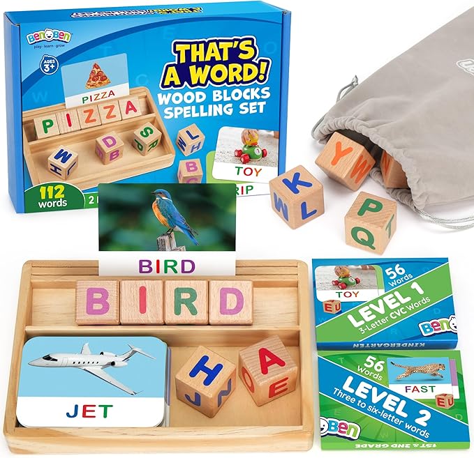 BenBen Spelling Games with Flash Cards, 112 Words, Montessori Toys for 3 4 5 6 Years Old Kids, Wooden Matching Letters Games, CVC Word Educational Learning Toys, Gift for Preschool Kindergarten