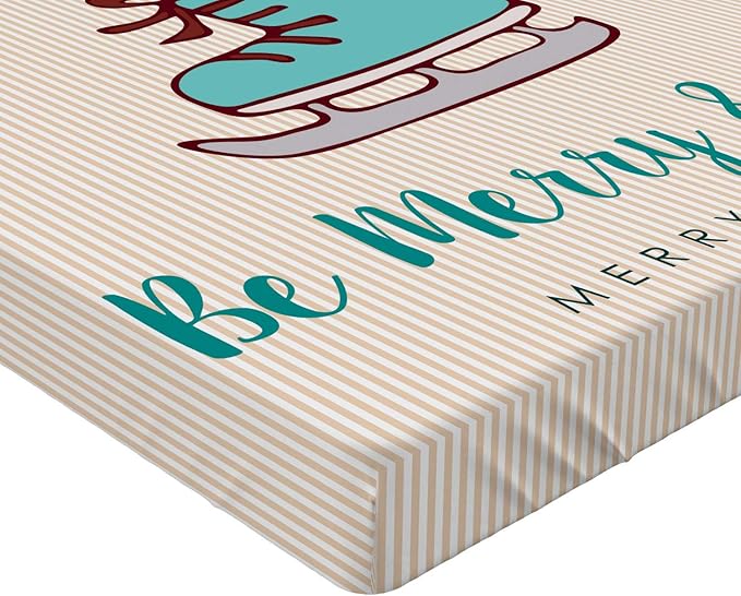 Ambesonne Christmas Fitted Sheet, Merry Calligraphy with Little Fox in Ice Skate Boot Heart on Stripes, Bed Cover with All-Round Elastic Deep Pocket for Comfort, Queen Size, Beige Seafoam and Amber