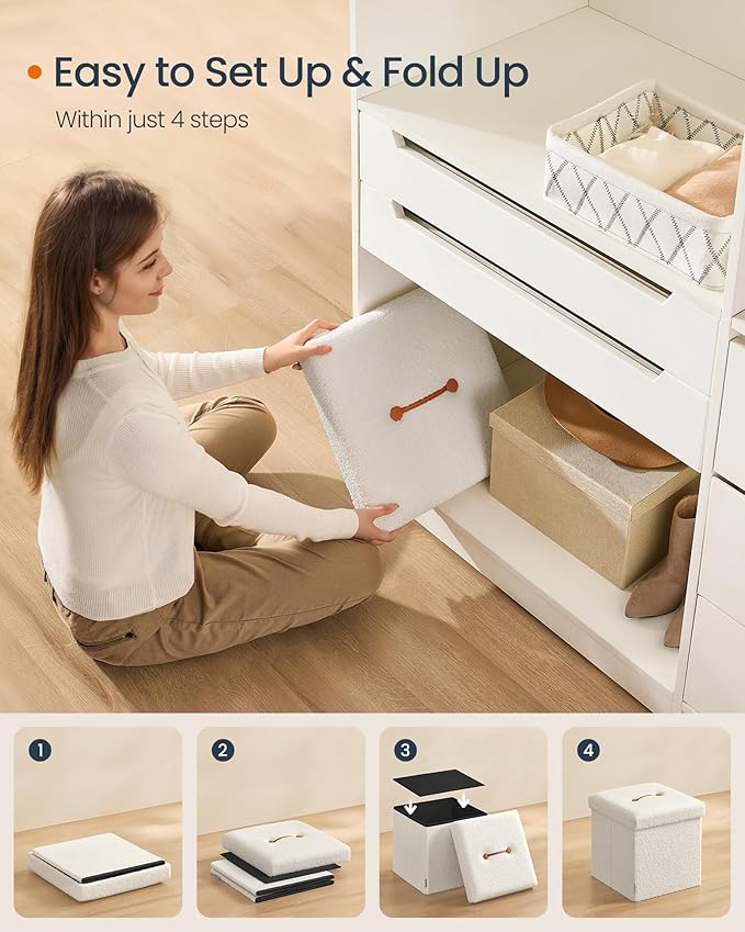 SONGMICS Small Folding Storage Ottoman, Foot Rest Stool, 15 x 15 x 15 Inches, Ottoman with Storage, Load up to 660 lb, for Living Room, Bedroom, Dorm, Cream White ULSF095W01