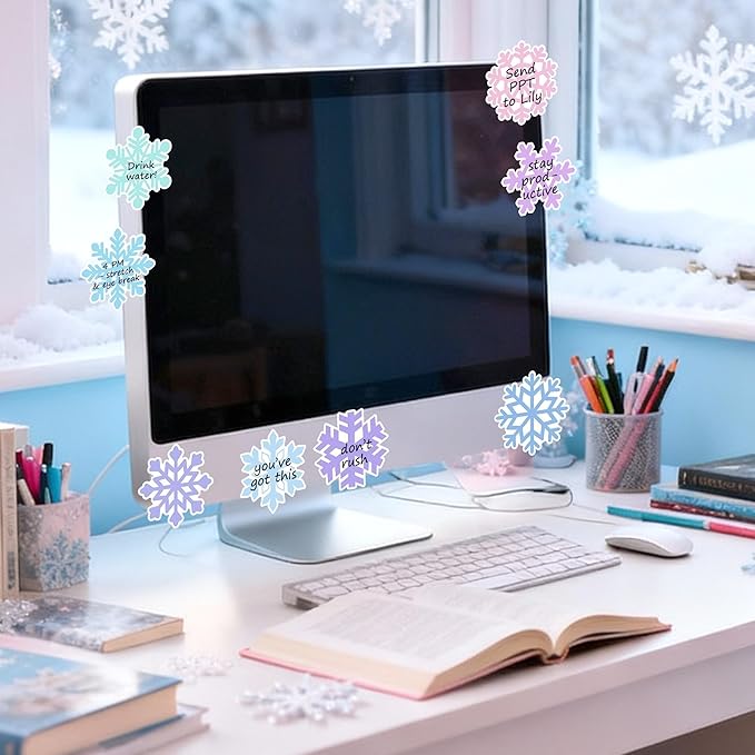 Bright Color Sticky Note - 72 Pcs Blue Purple Winter Snowflake Super Sticky Notes Memo Pads Polyester Ribbons Smooth Writing Pens Stationery Set Strong Adhesive Sticking Power School Supplies