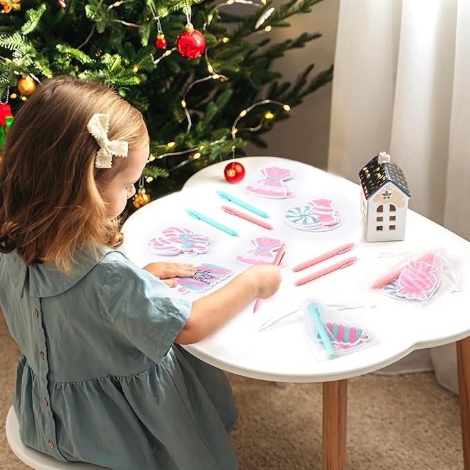 Xqumoi Christmas Pink Candy Sticky Notes with Pen Gift Set - 24 Set Xmas Sweet Self Sticky Writing Memo Pads Ballpoint Pens with Mesh Bag Party Favors School Classroom Rewards Office Supplies