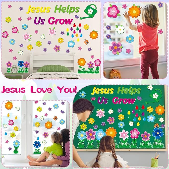 Spring Bulletin Board Decoration Set Jesus Borders Cutouts Religious Bulletin Board Sets for VBS 2025 Sunday School Bible Classroom Door Christian Welcome Craft Home Wall (Jesus Helps Us Grow)