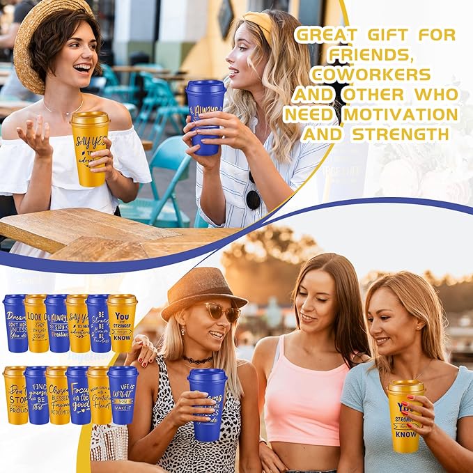 12 Pcs Inspirational Gifts for Employee Coworkers Staff Teammate, 16oz Reusable Plastic Coffee Cups with Positive Sayings, Bundle Gifts for Woman Man Coworker (Blue,Gold,Inspirational)