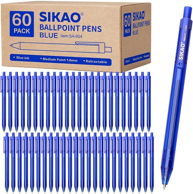 Blue Pens Bulk, 60 Pack Retractable Ballpoint Pens, Blue Ink 1.0mm Medium Point Smooth Writing No-Smear, Multipack Click Pens for Teachers, Students, Servers, School & Office Supplies