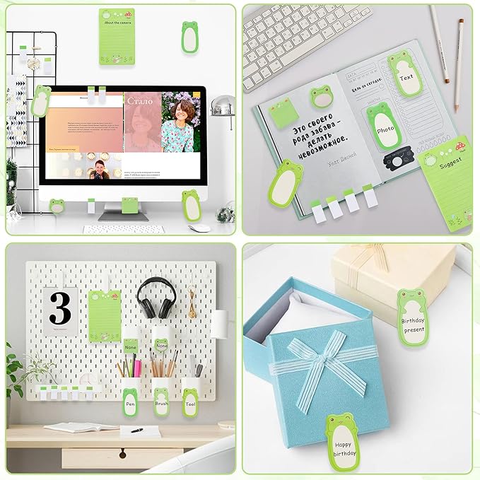 Xqumoi 2 Pack I Just Really Like Frogs Sticky Notes Set - Cute Cartoon Frogs Self-Stick Notes Pads Animal Divider Tabs Bundle Writing Memo Pads Page Marker Back to School Office Supplies Small Gift