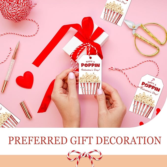 50 Pcs Have A Poppin Valentines Day Sticker Label, Valentine Gift Tags with String, Gift Tag Paper Tags Labels Idea Valentines Activity School Classroom Party Favors