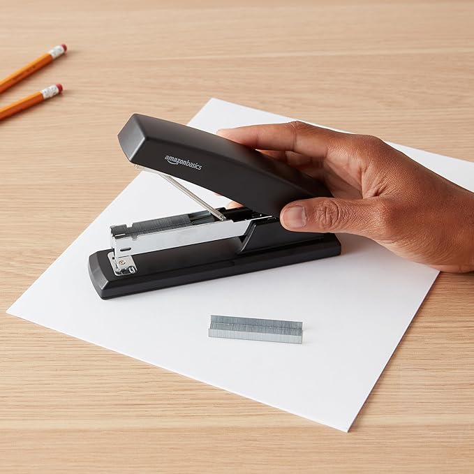 Amazon Basics Desktop Office Stapler, Lightweight, 25 Sheet Capacity, Non-Slip, Black, 3-Pack with 1000 Staples