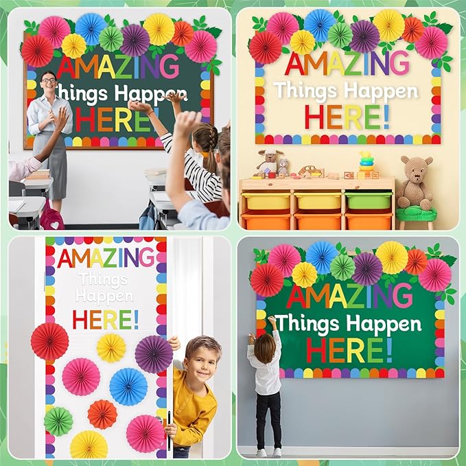 Classroom Bulletin Board Decorations with 3D Paper Fans Inspirational Amazing Things Happen Here Bulletin Board Set for Back to School Motivational Office Home Wall Door Chalkboard Decor