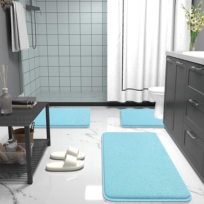 OLANLY Thick Memory Foam Bath Mat Rug 36x24, Extra Soft Absorbent Bathroom Rug, Quick Dry Bath Mats, Non-Slip, Machine Washable Carpet for Bathroom, Tub and Shower, Home Decor Accessories, Sky Blue