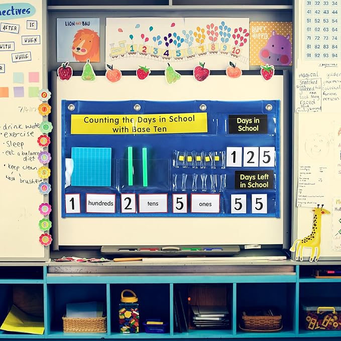 Back to School Counting The Days with Base Ten Pocket Chart Place Value, Counting Caddie Pocket Chart for Classroom Bulletin Board School or Home Decor, 4 Hooks(Blue,Classic Style)