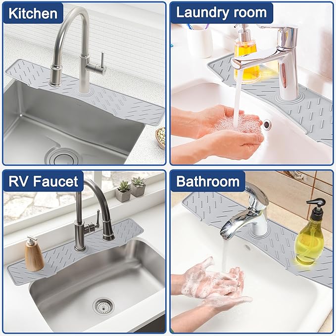 Meiliweser Faucet Mat for Kitchen Sink – 24” x 5.1” Extra-Long Silicone Splash Guard with 10° Slope & Upgraded Drainage – Gen 3 Sink Water Catcher & Sponge Holder for Kitchen, Bathroom (Gray)