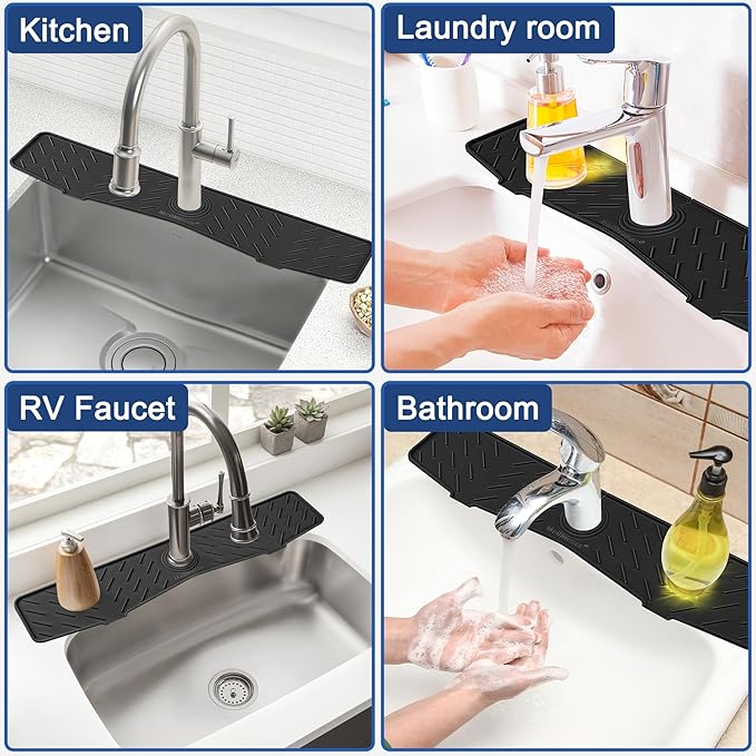 Meiliweser Faucet Mat for Kitchen Sink – 24” x 5.1” Extra-Long Silicone Splash Guard with 10° Slope & Upgraded Drainage – Gen 3 Sink Water Catcher & Sponge Holder for Kitchen, Bathroom (Black)