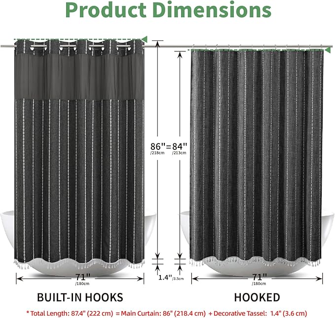 No Hook Extra Long Shower Curtain Set with Snap-in Liner,Linen Textured Thick Striped Fabric with Tassels,Boho Chic Modern Farmhouse Bathroom Curtain,Water-Repellent,Charcoal Grey,71x86