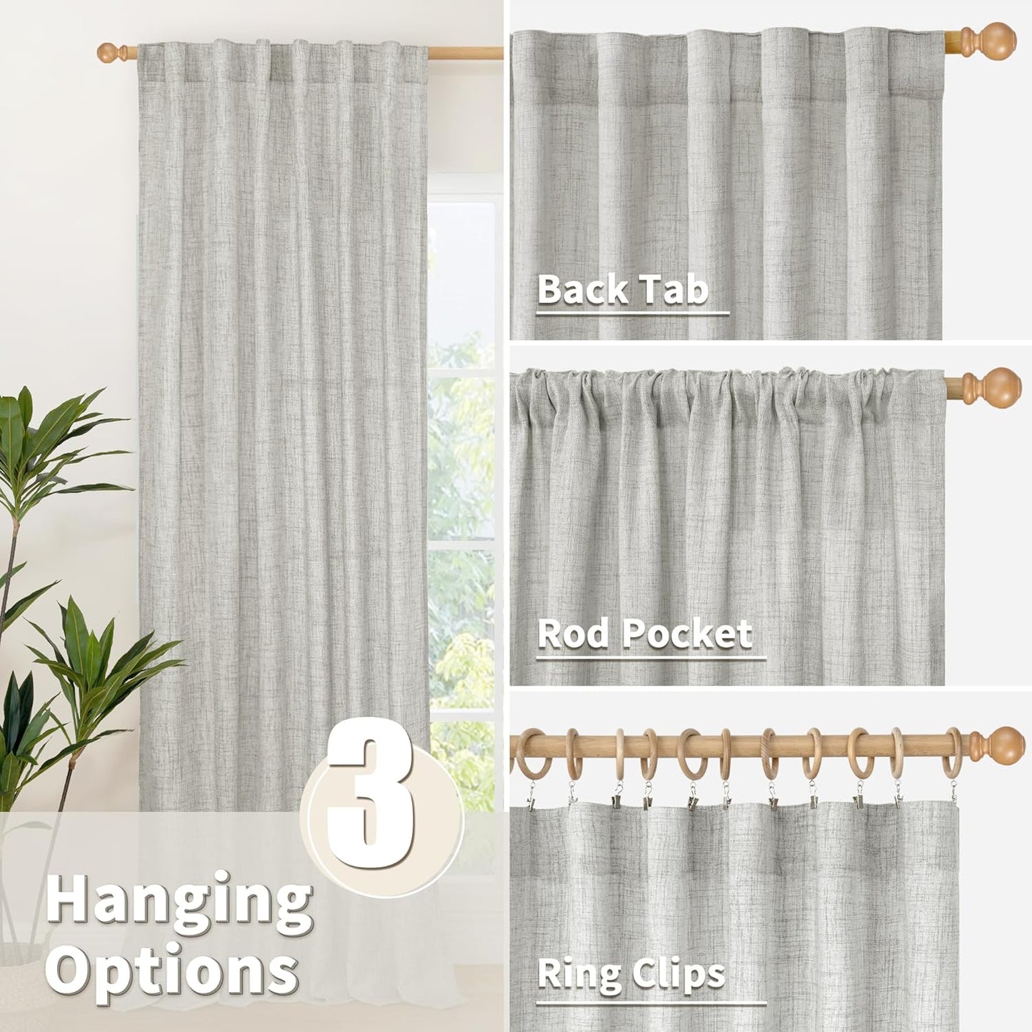 YoungsTex Light Grey Linen Semi Sheer Curtains 84 Inch Length for Living Room 2 Panels Set, Light Filtering Window Treatments Rod Pocket Back Tab for Bedroom Dining Farmhouse, 52 X 84 Inch