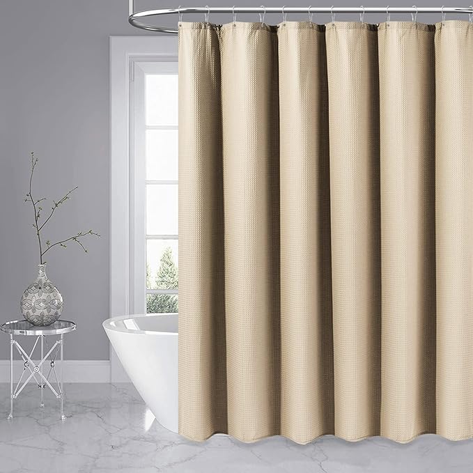 Dynamene Stall Fabric Shower Curtain - 36x72 Waffle Weave Weighted Cloth Shower Curtains for Bathroom, Neutral Heavy Duty Hotel Spa Luxury Bath Curtain Set with 6 Plastic Hooks,Beige/Khaki